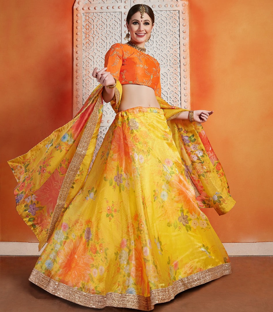 Yellow organza sequence work ceremonial lehenga choli