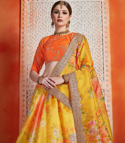 Yellow organza sequence work ceremonial lehenga choli