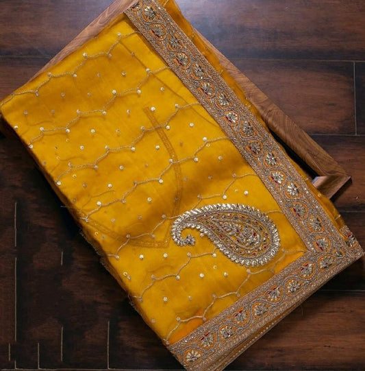 Yellow organza silk thread with patch work designer saree