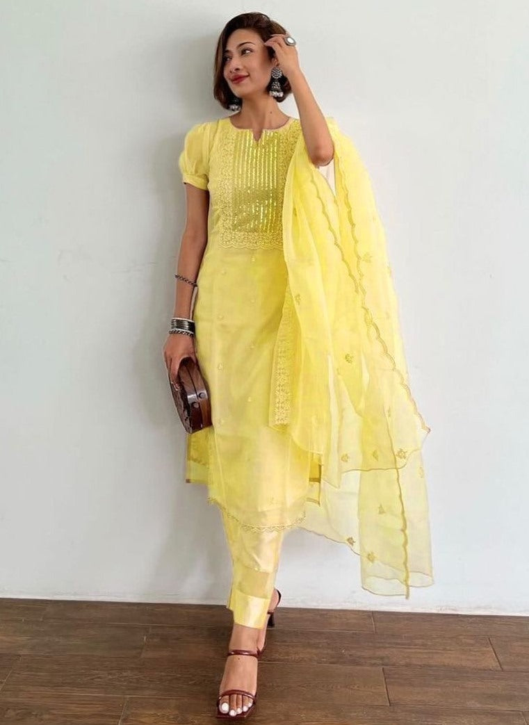 Yellow organza thread and sequence embroidered salwar suit