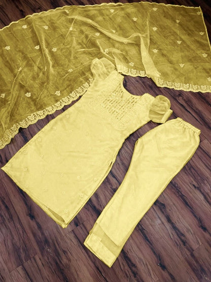 Yellow organza thread and sequence embroidered salwar suit