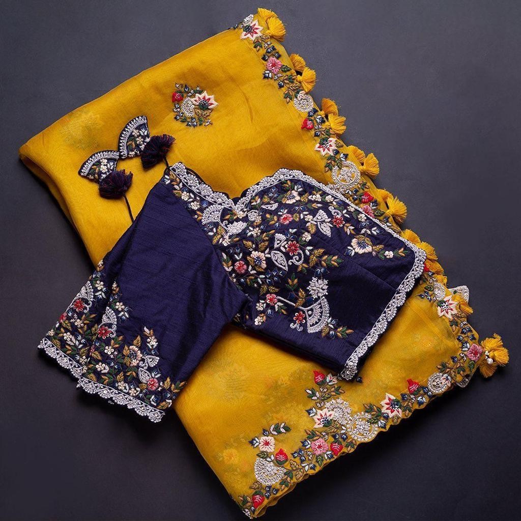 Yellow organza with sequence embroidered work saree