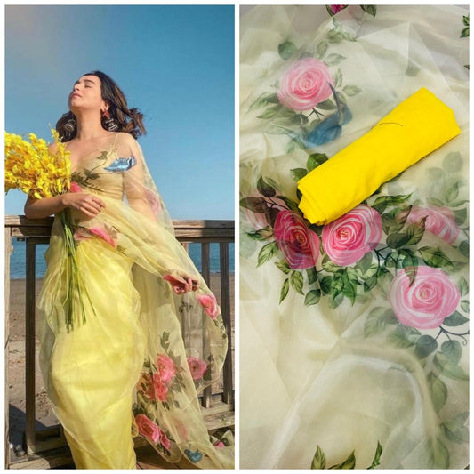 Yellow pink rose printed organza saree