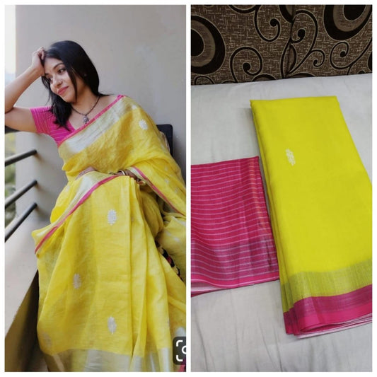 Yellow plain linen saree
