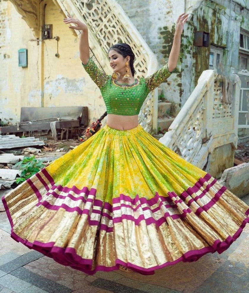 Yellow print and mirror work gujarati garba navratri lehenga chaniya choli