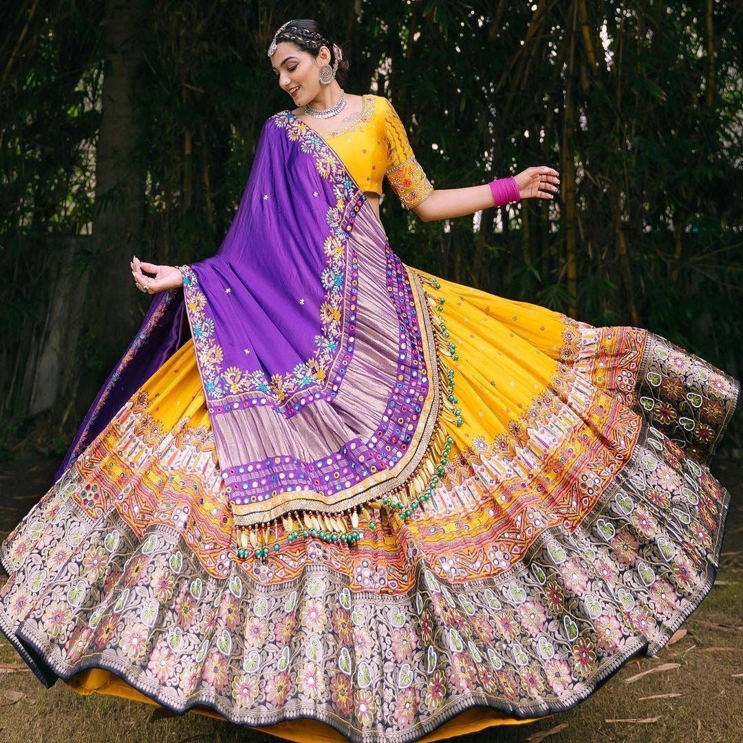 Yellow print and mirror work gujarati garba navratri lehenga chaniya choli