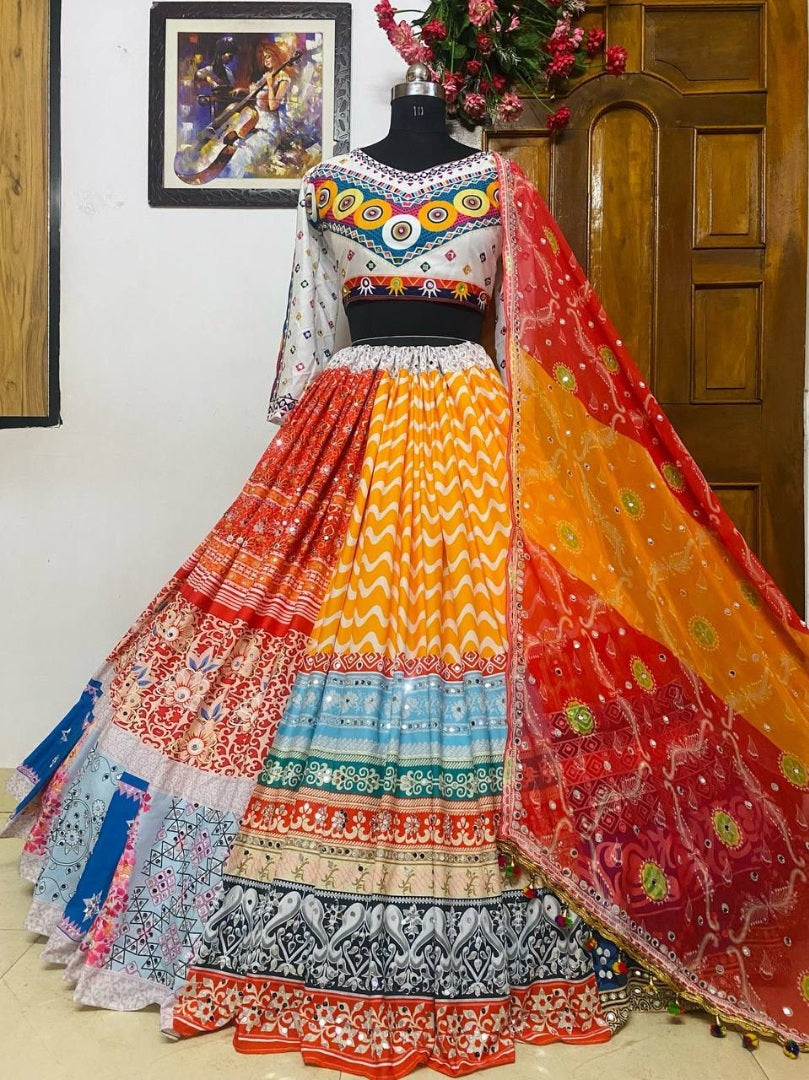 Yellow print mirror work kinjal dave gujarati garba navratri chaniya choli