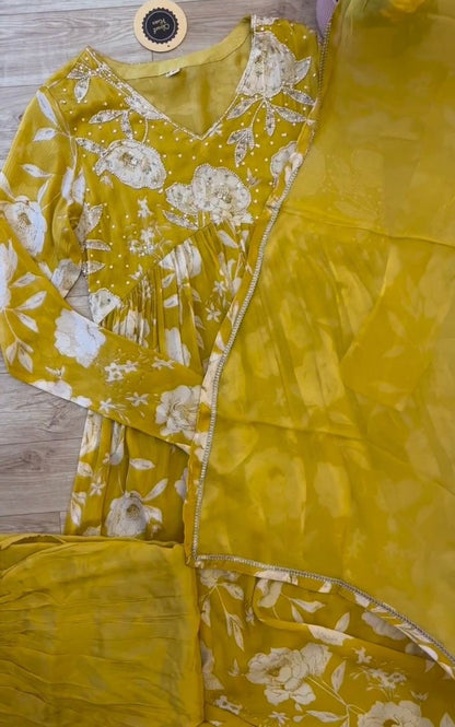 Yellow printed anarkali plazzo suit
