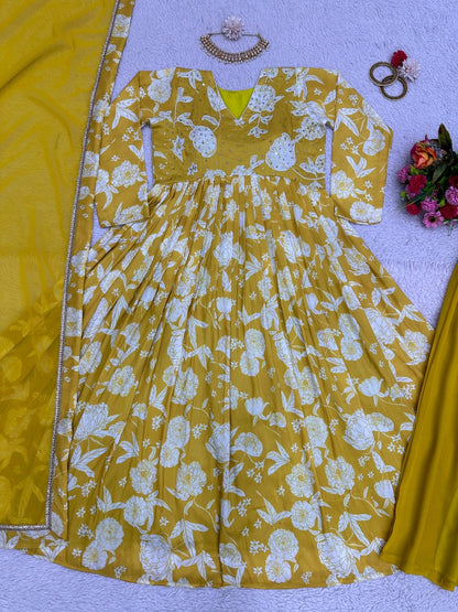 Yellow printed anarkali plazzo suit