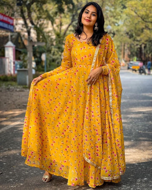 Yellow printed anarkali suit