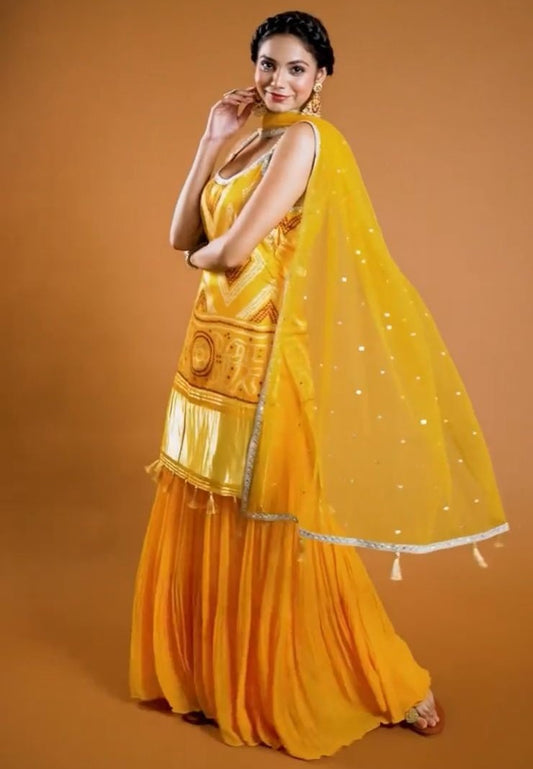 Yellow printed sharara suit