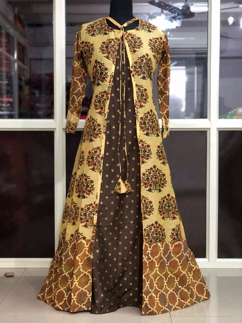 yellow pure chanderi printed long kurti with shrug