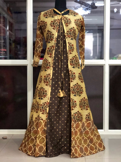 yellow pure chanderi printed long kurti with shrug