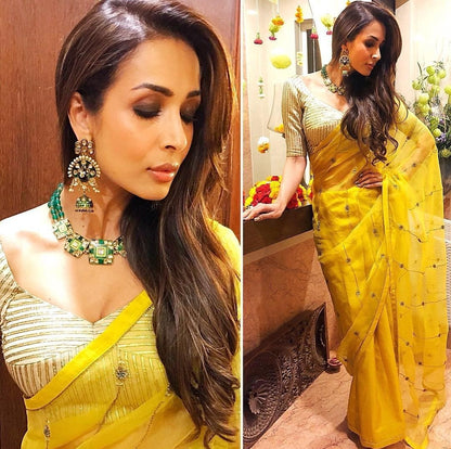yellow pure orgenza silk bollywood partywear saree
