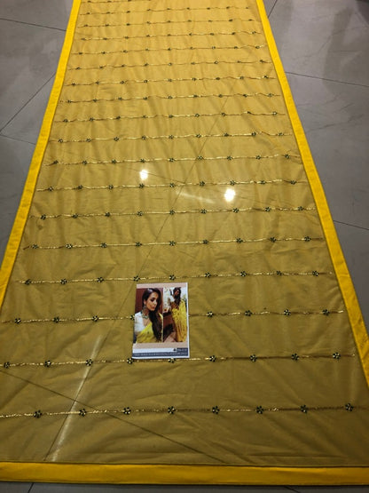 yellow pure orgenza silk bollywood partywear saree