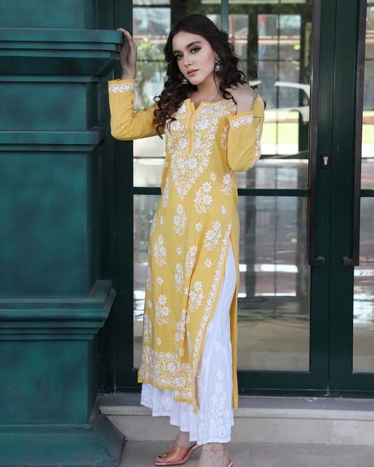 Yellow rayon chainstitch work plazzo kurti