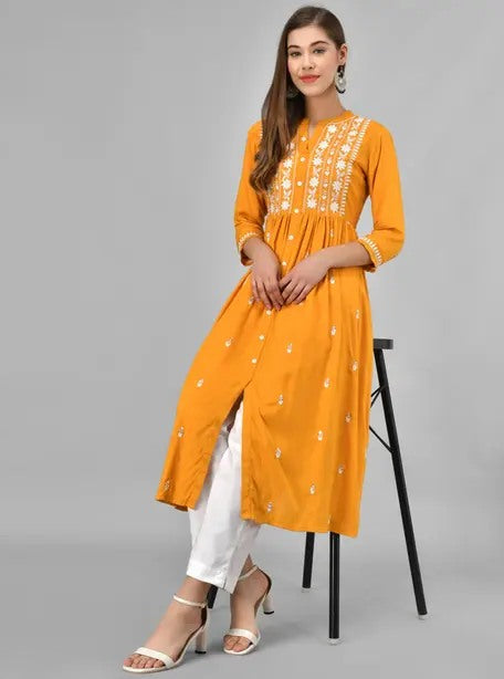Yellow rayon chikankari work short kurti
