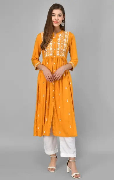 Yellow rayon chikankari work short kurti