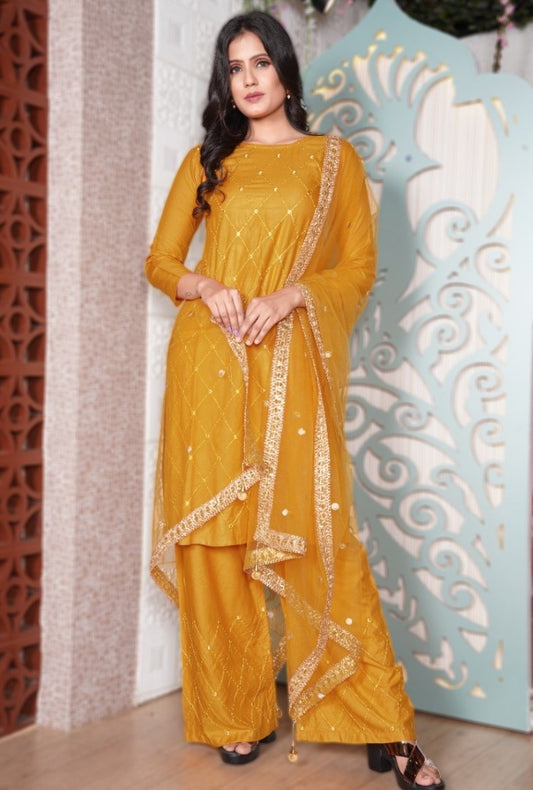 Yellow rayon embroidered plazzo suit