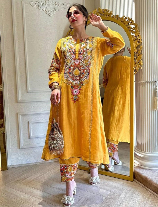 Yellow rayon embroidery work kurti