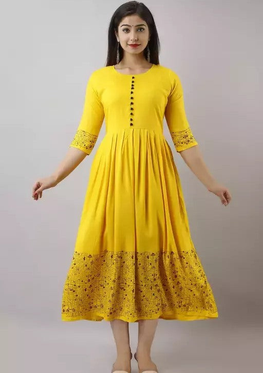 Yellow rayon printed anarkali frock kurti