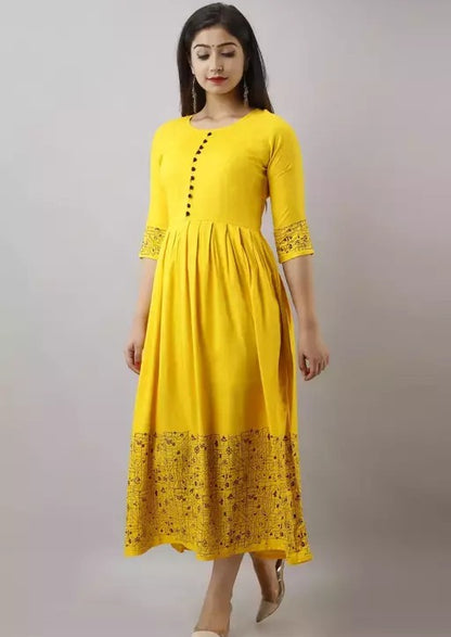 Yellow rayon printed anarkali frock kurti