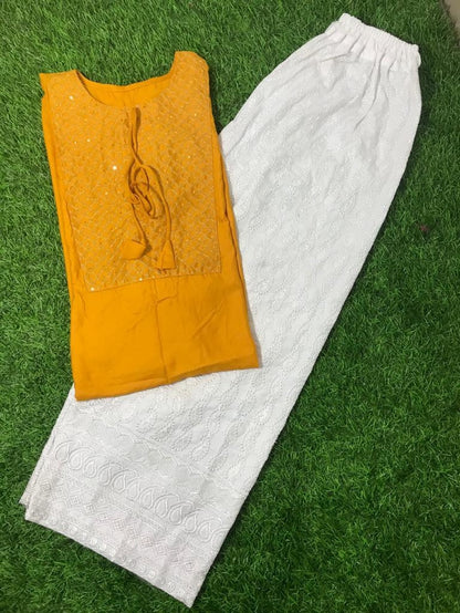 Yellow rayon thread sequence plazzo kurti
