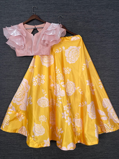 Yellow satin printed crop top lehenga
