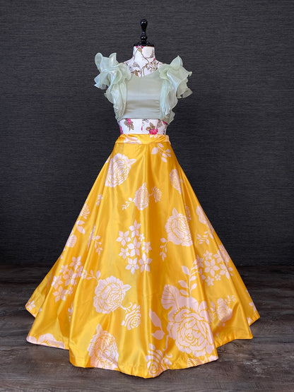 Yellow satin printed crop top lehenga
