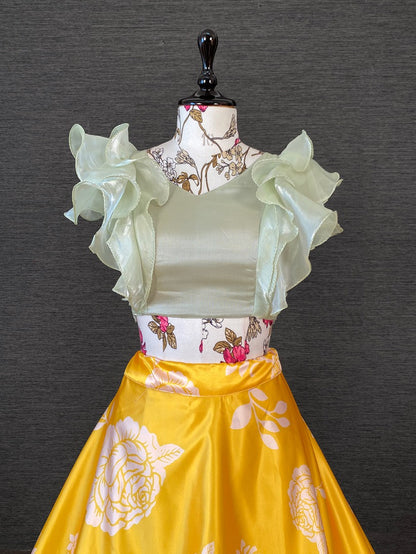 Yellow satin printed crop top lehenga