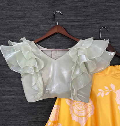 Yellow satin printed crop top lehenga