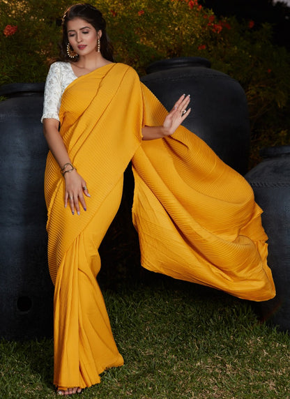Yellow silk platting work party wear designer saree