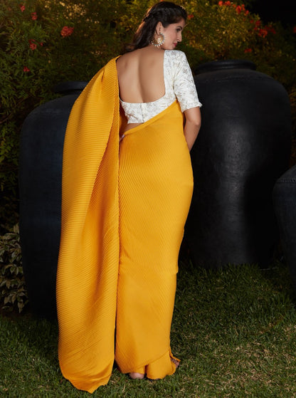 Yellow silk platting work party wear designer saree