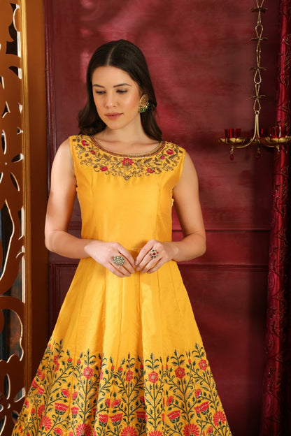 Yellow silk thread and sequence embroidered Ceremonial Gown