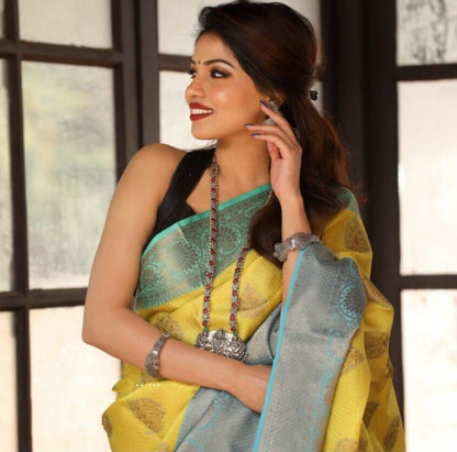 Yellow soft lichi silk jacquard weaving work saree
