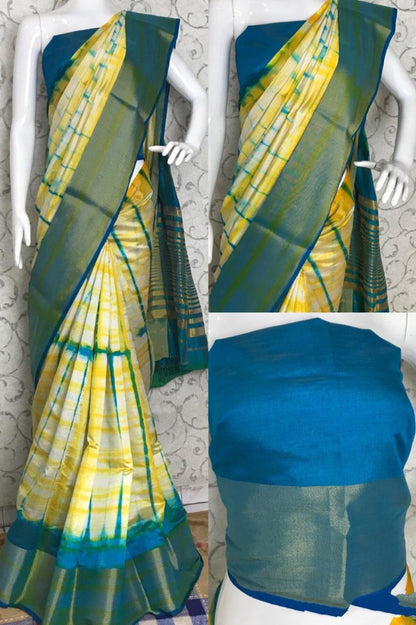 Yellow soft linen cotton printed saree