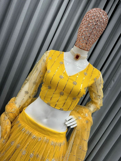 Yellow soft net sequence embroidery work haldi ceremony lehenga choli