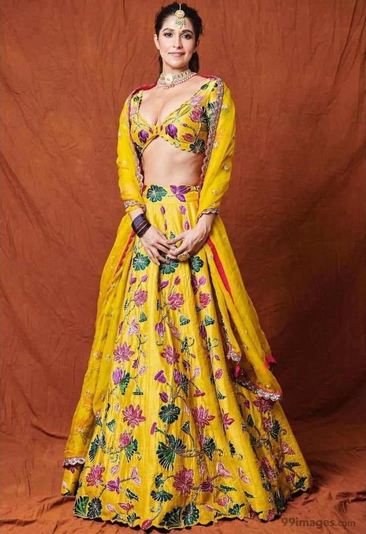 Yellow tafeta silk embroidered wedding lehenga choli