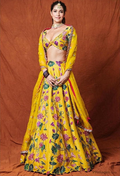 Yellow tafeta silk embroidered wedding lehenga choli