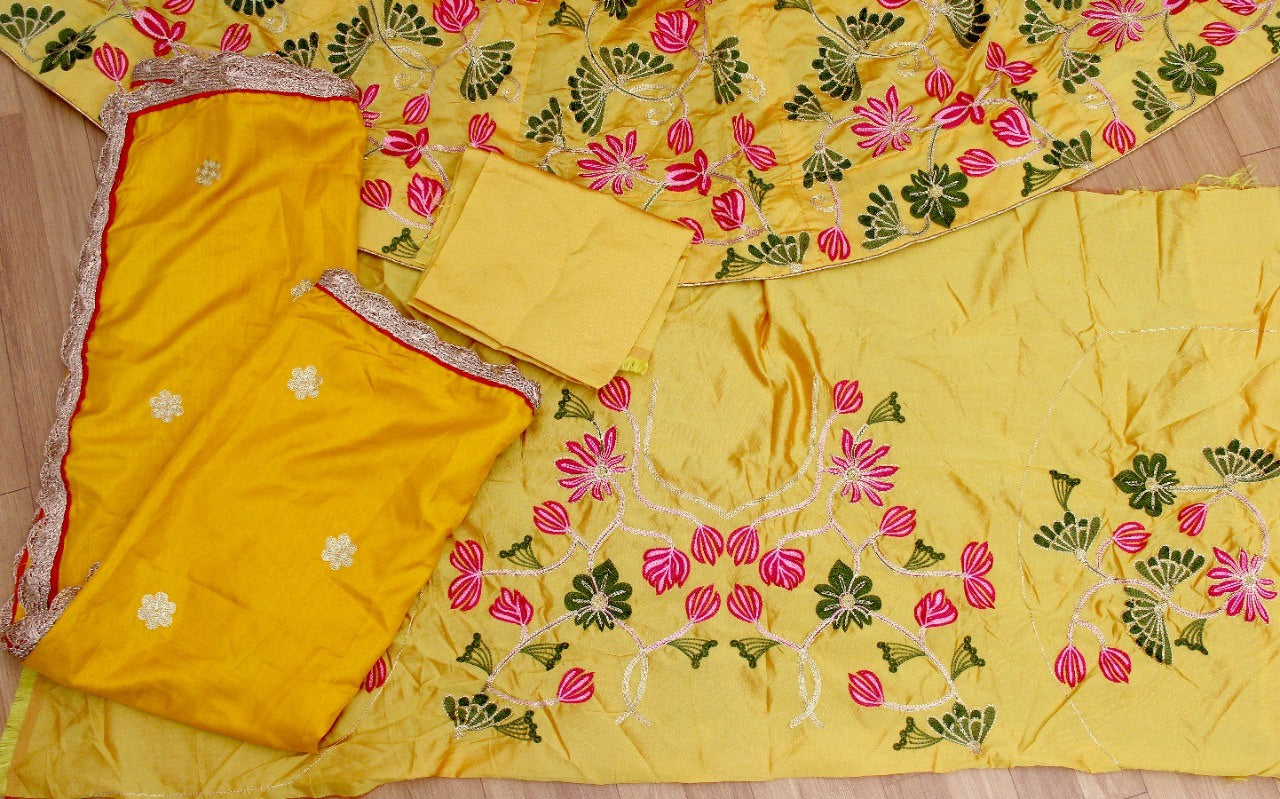 Yellow tafeta silk embroidered wedding lehenga choli