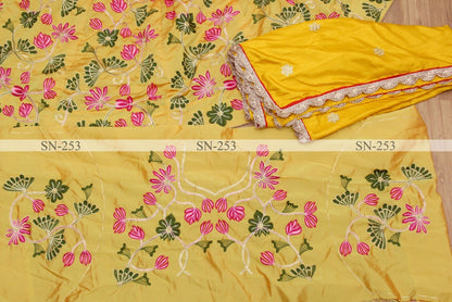 Yellow tafeta silk embroidered wedding lehenga choli