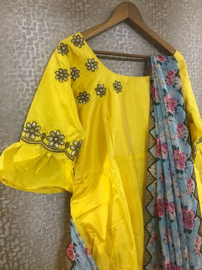 yellow tapeta silk anarkali suit with printed dupatta