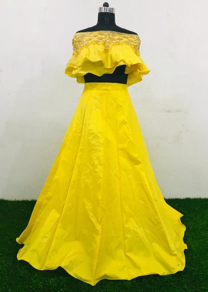 Yellow tapeta silk crop top lehenga