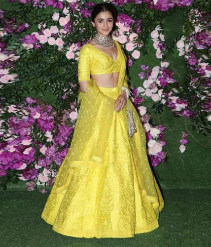 yellow tapeta silk heavy embroidered wedding lehenga