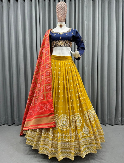 Yellow tapeta silk heavy embroidery work haldi ceremony lehenga choli