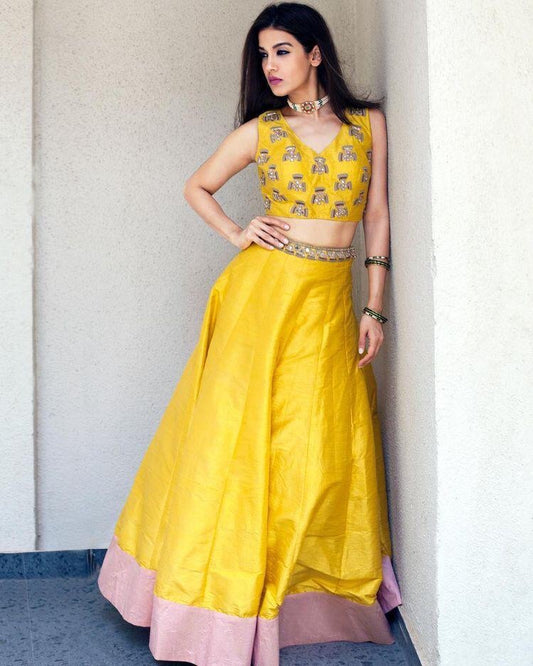 Yellow tapeta silk mirror work festive lehenga choli