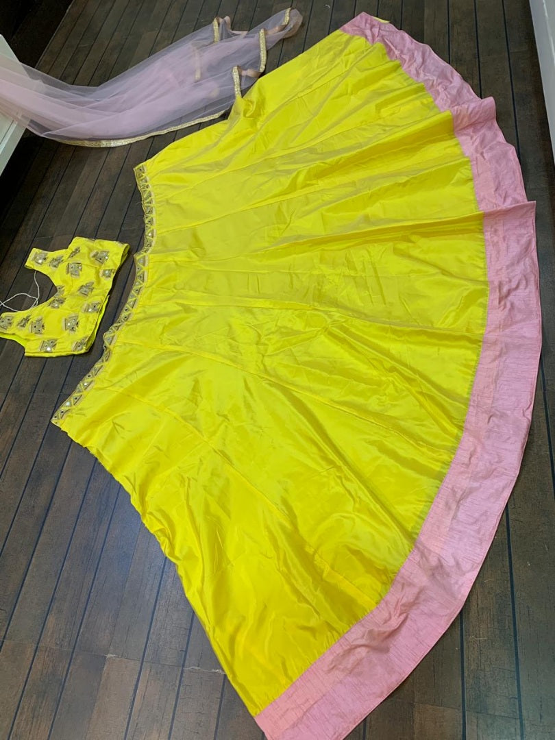 Yellow tapeta silk mirror work festive lehenga choli