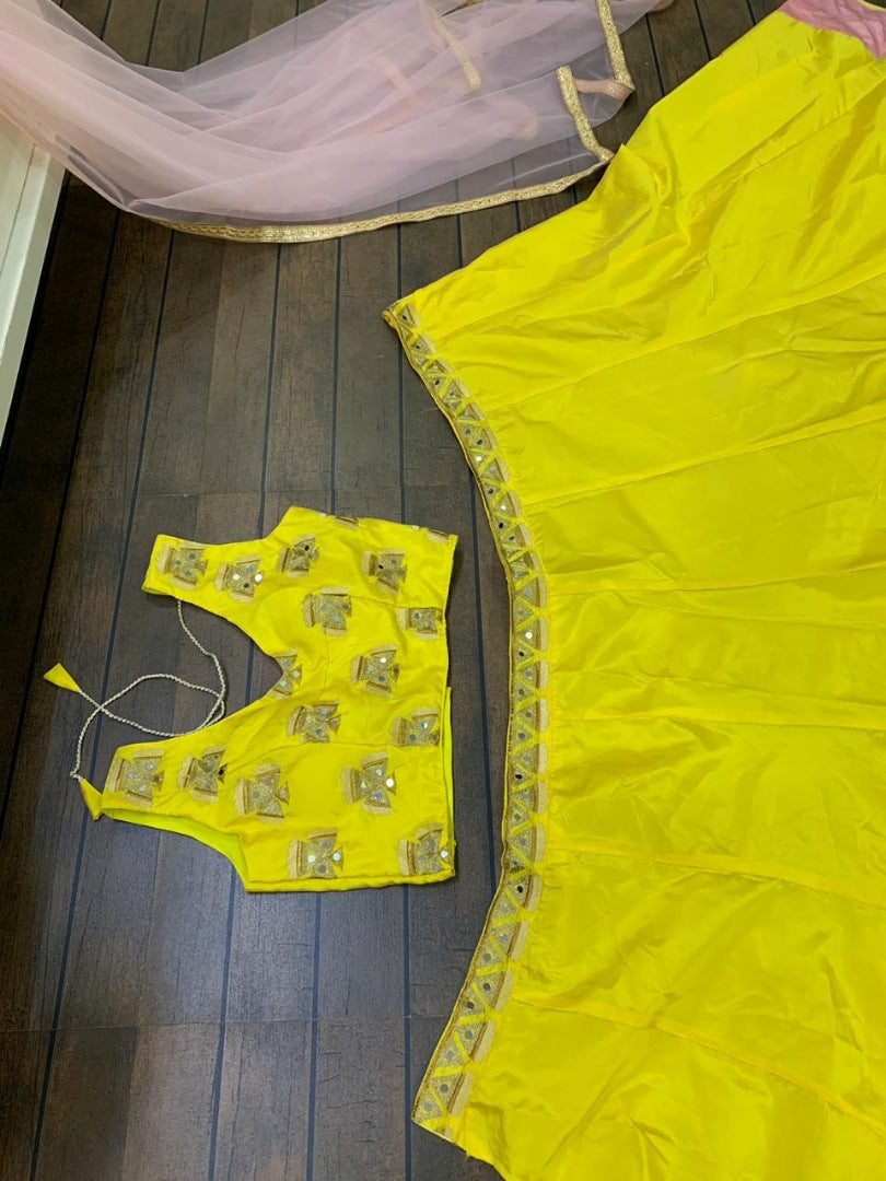 Yellow tapeta silk mirror work festive lehenga choli