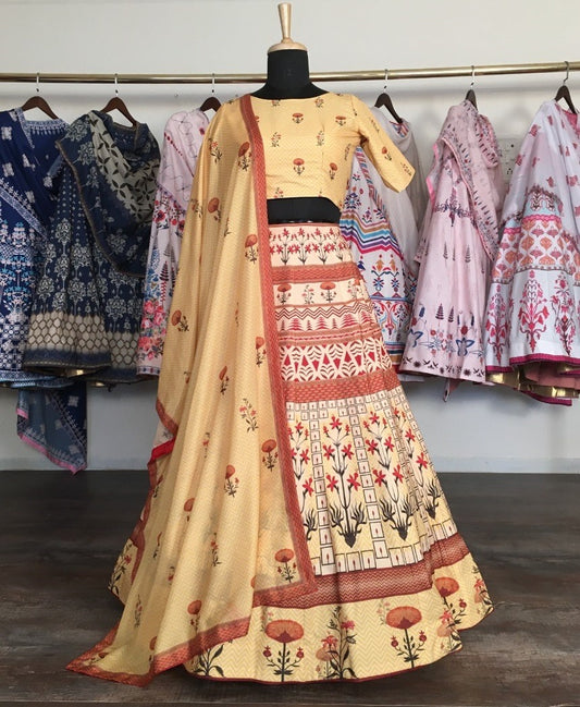 Yellow vaishali silk digital printed lehenga choli