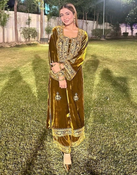 Yellow velvet heavy embroidered wedding palazzo suit